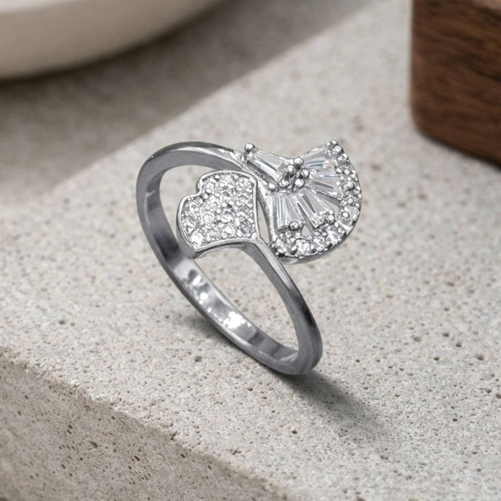 Sliver- Tone Twins Leaf Anti-Tarnish Ring : HSPS60MB0963