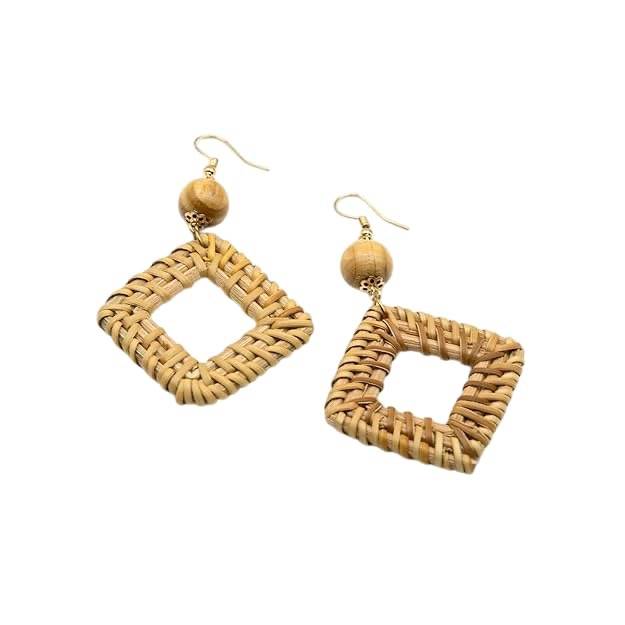 Artificial Beaded Boho Rattan Wooden Square Drop Earrings : HSPS60MB0537