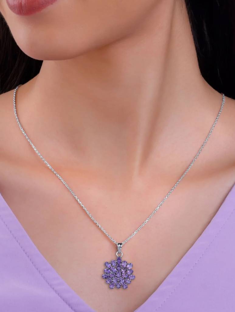 925 Sterling Silver Amethyst Pendant With 18 Inch Chain Handmade Gemstone Necklace For Women Elegant Jewelry : FU-1003