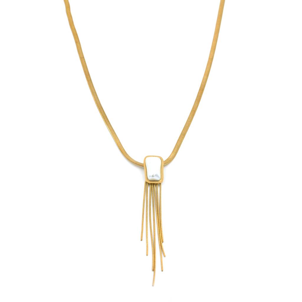 Lustrous Pearl Bar Pendant With Golden Fringe For Women : HSPS60MB0552