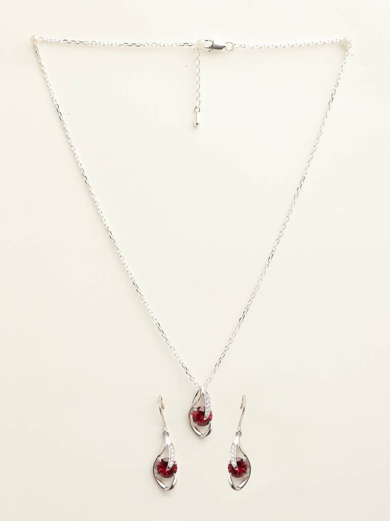 92.5 Sterling Silver Rhodium Plated Swiss Zirconia Blood Red Eye Pendant Earring Chain Jewellery Set Gift For : CSCLRP3E3RD_RU