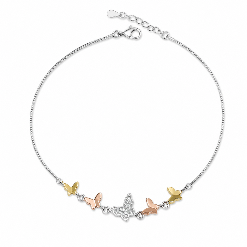 Silver Tri-Tone Butterfly Anklet : AN03760