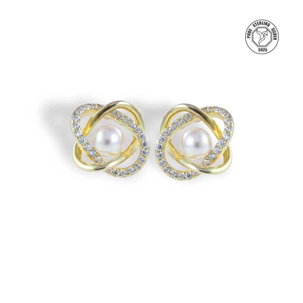 Golden Orbit Pearl & Zircon Stud Earrings : TRSRDJ0188Gold