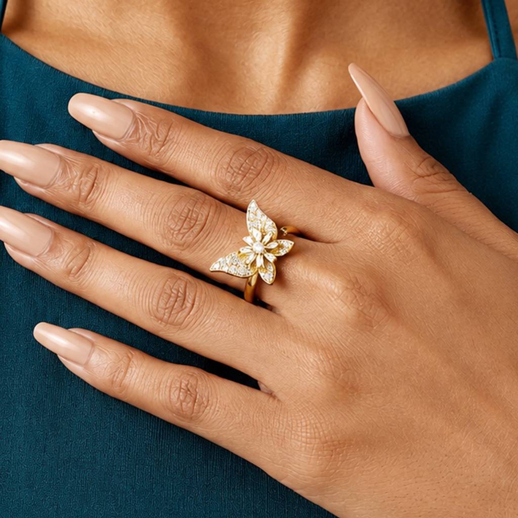 Gold Revolving Butterfly Sparkle Adjustable Anti-Tarnish Copper Ring : JW-HSPS60MB1980