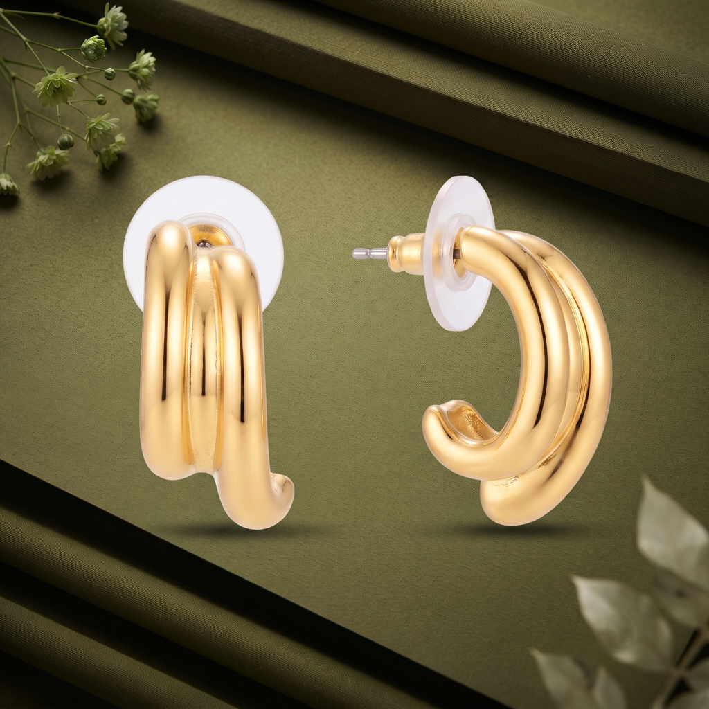 Gold Plated Brass Twisted Curved Hoop Earrings : SCDELER0459