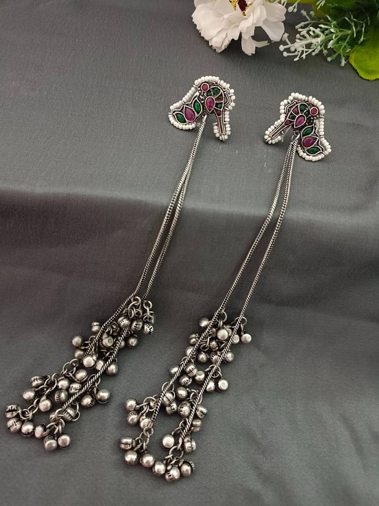 Kundan Studded & Ghungroo Beaded Tasselled Peacock Drop Meenakari Earrings : VS105315