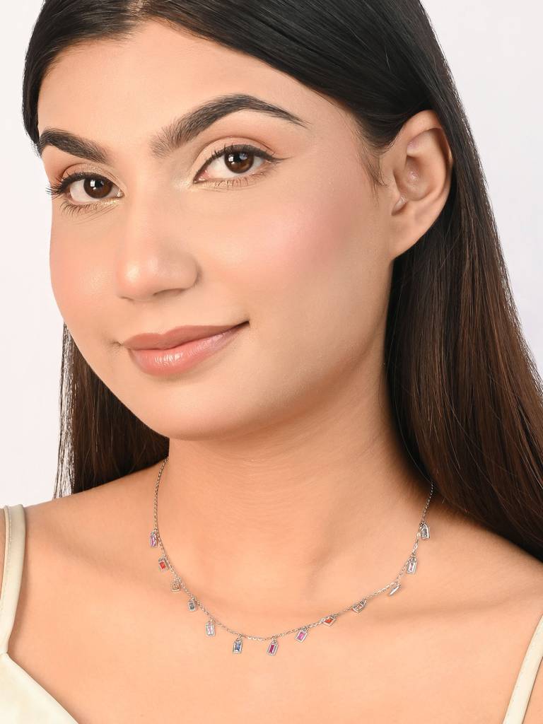 925 Silver Necklace With Multicolor Baguette Cubic Zirconia Drops. A Refined Silver Necklace For Women Designed To  : DXNC1893