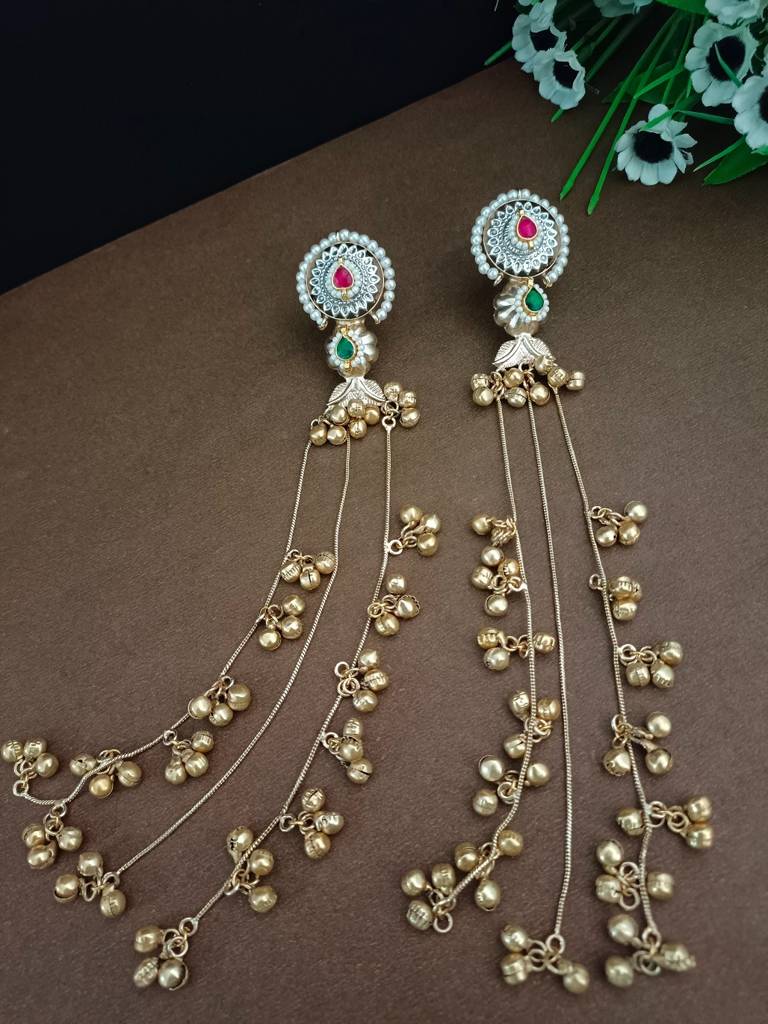 Brass Plated Pachi Kundan & Ghungaroo Studded Kashmiri Drop Earrings : VS105328