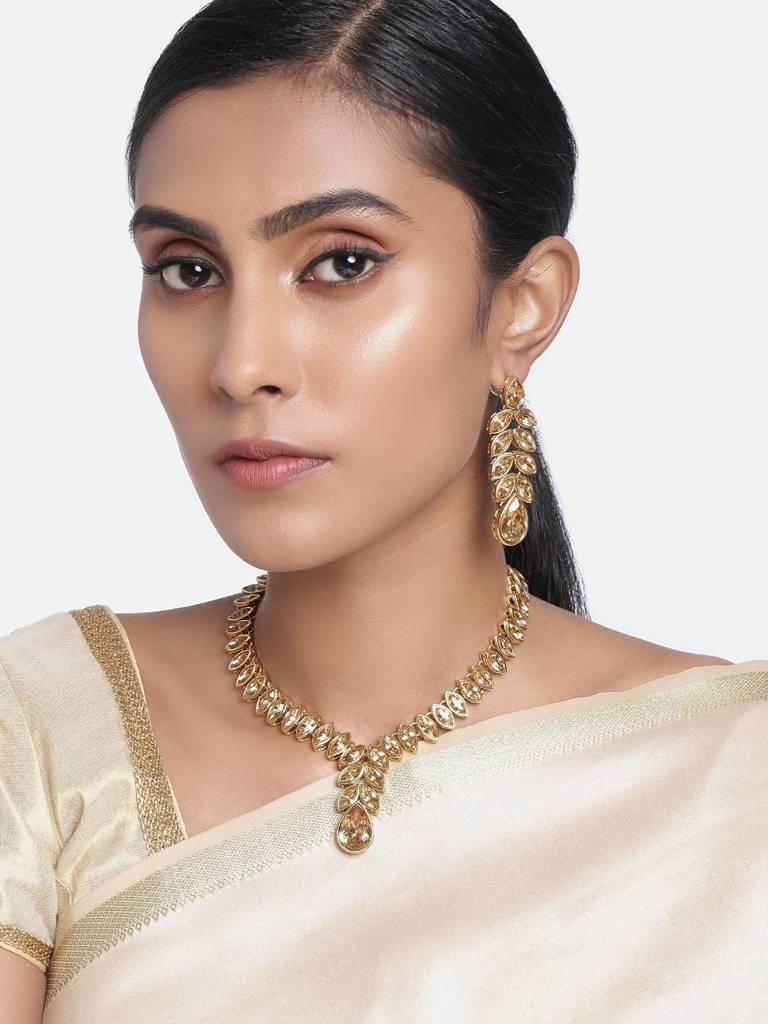 Peora Gold Plated Traditional Crystal Studded Long Necklace Earrings Jewellery Set For Women : PF24N15LCT