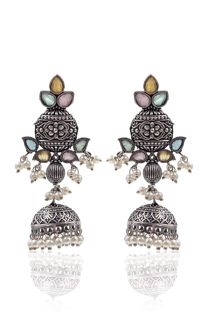 Oxidised Silver Aqua & Ruby Pearl Jhumkas : NA_ST_ER_231_3