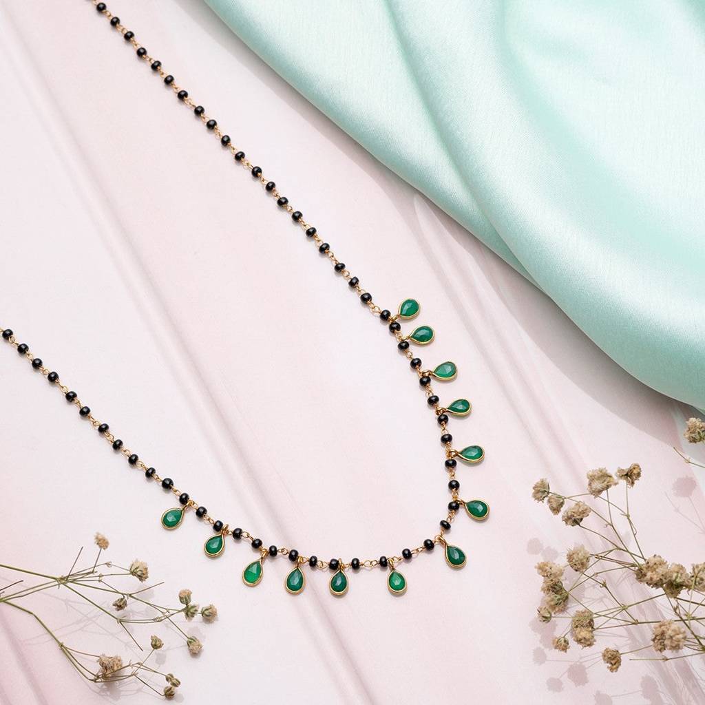 Green Drop Cz With Beaded Chain 925 Sterling Silver Mangalsutra : MGS-10019
