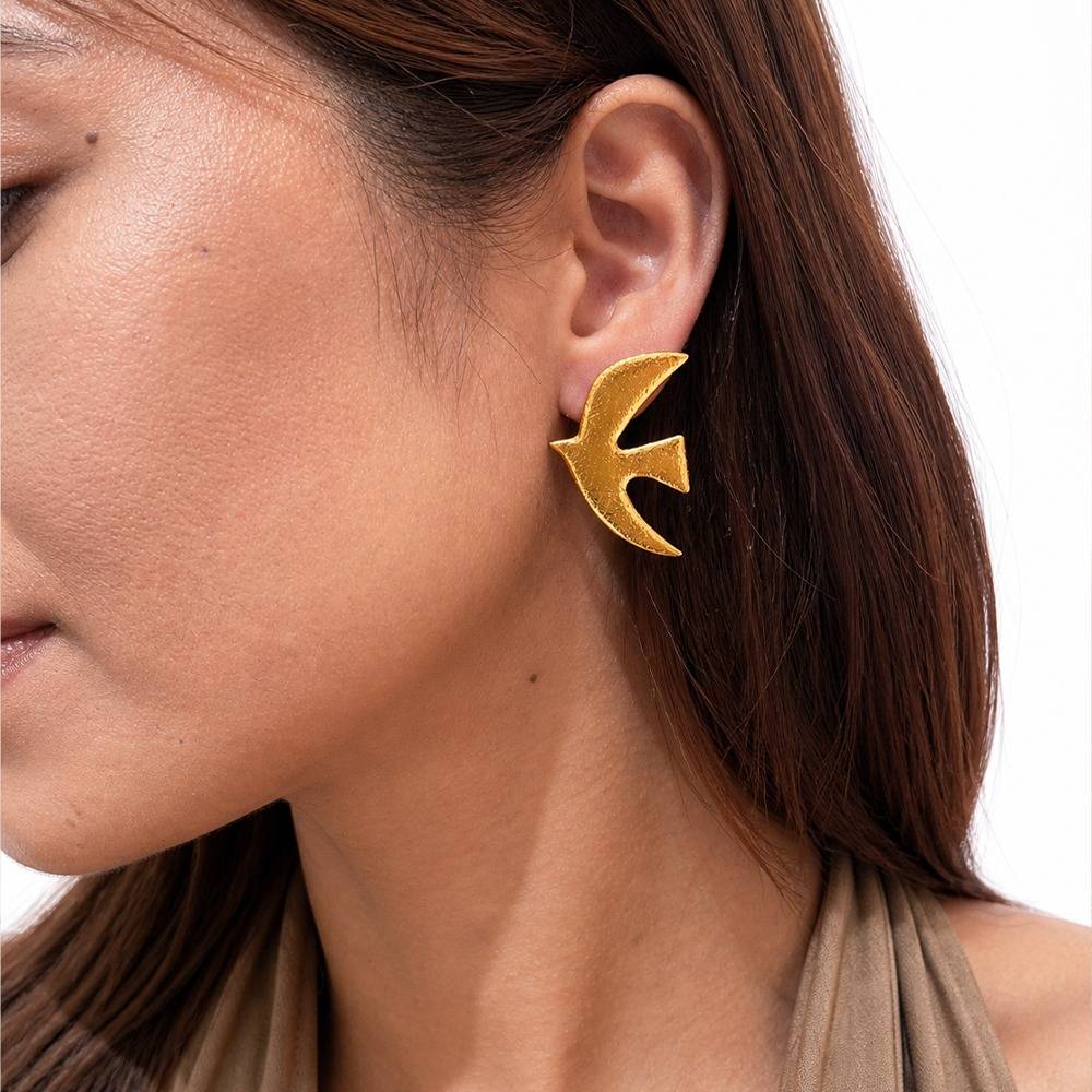 Women 18K Gold-Plated Textured Swallow Bird Stud Earrings : 101231