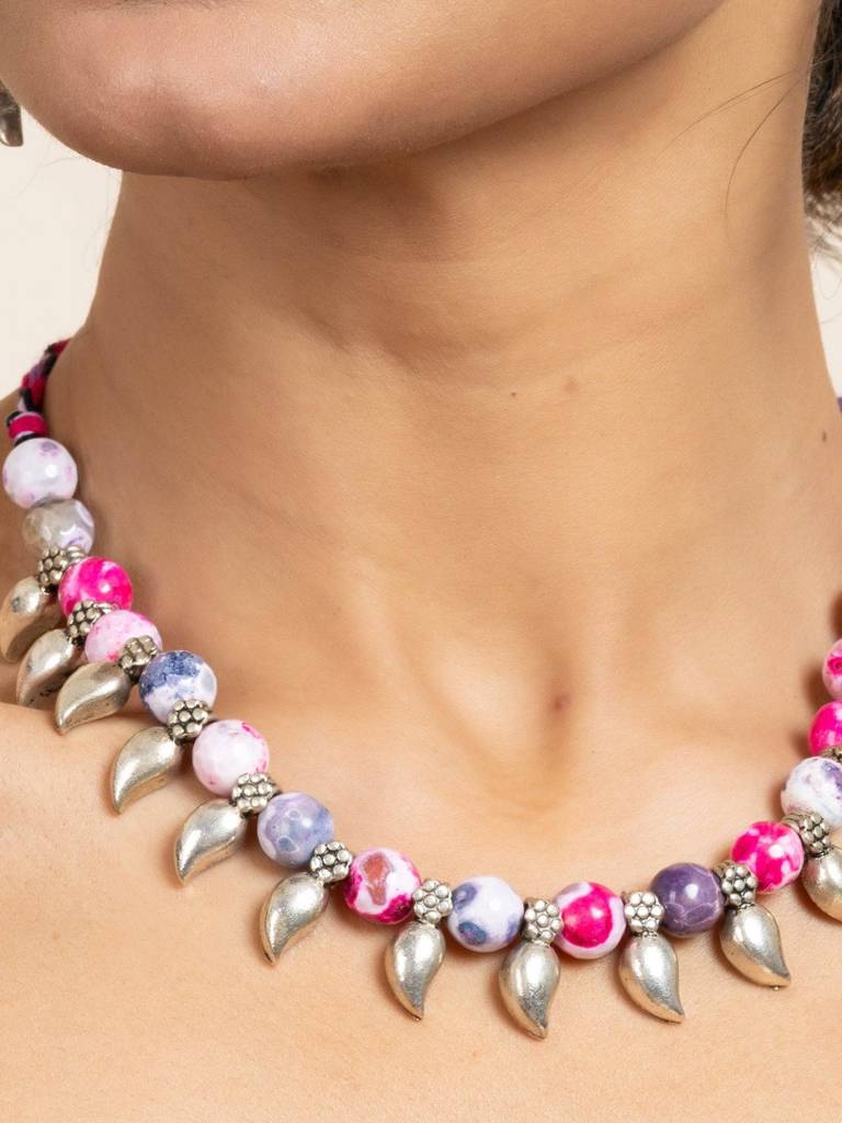 Handmade Semi Precious Pink Purple Onyx Necklace With Mango Charm & Matching Earrings Set For Women : LAANP81