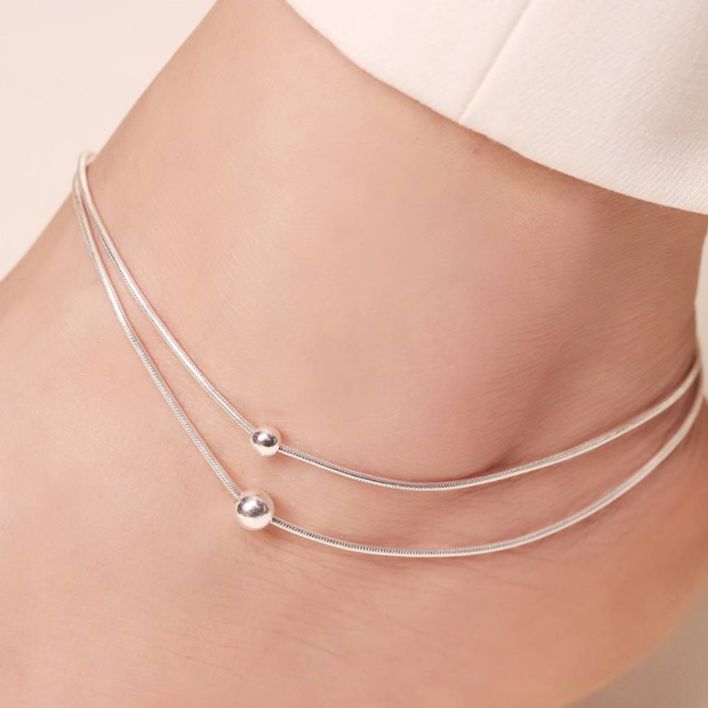 Double String Bead Rhodium Plated 925 Sterling Silver Chain Anklet : ANK-60190-PAIR