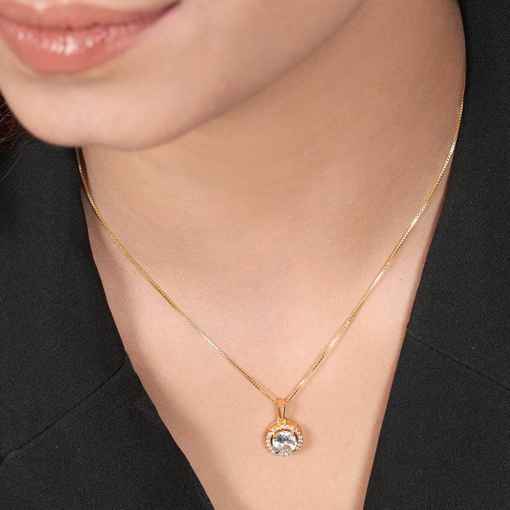 Classic Solitaire Golden Plated 925 Sterling Silver Pendant With Box Chain : PEN-30027