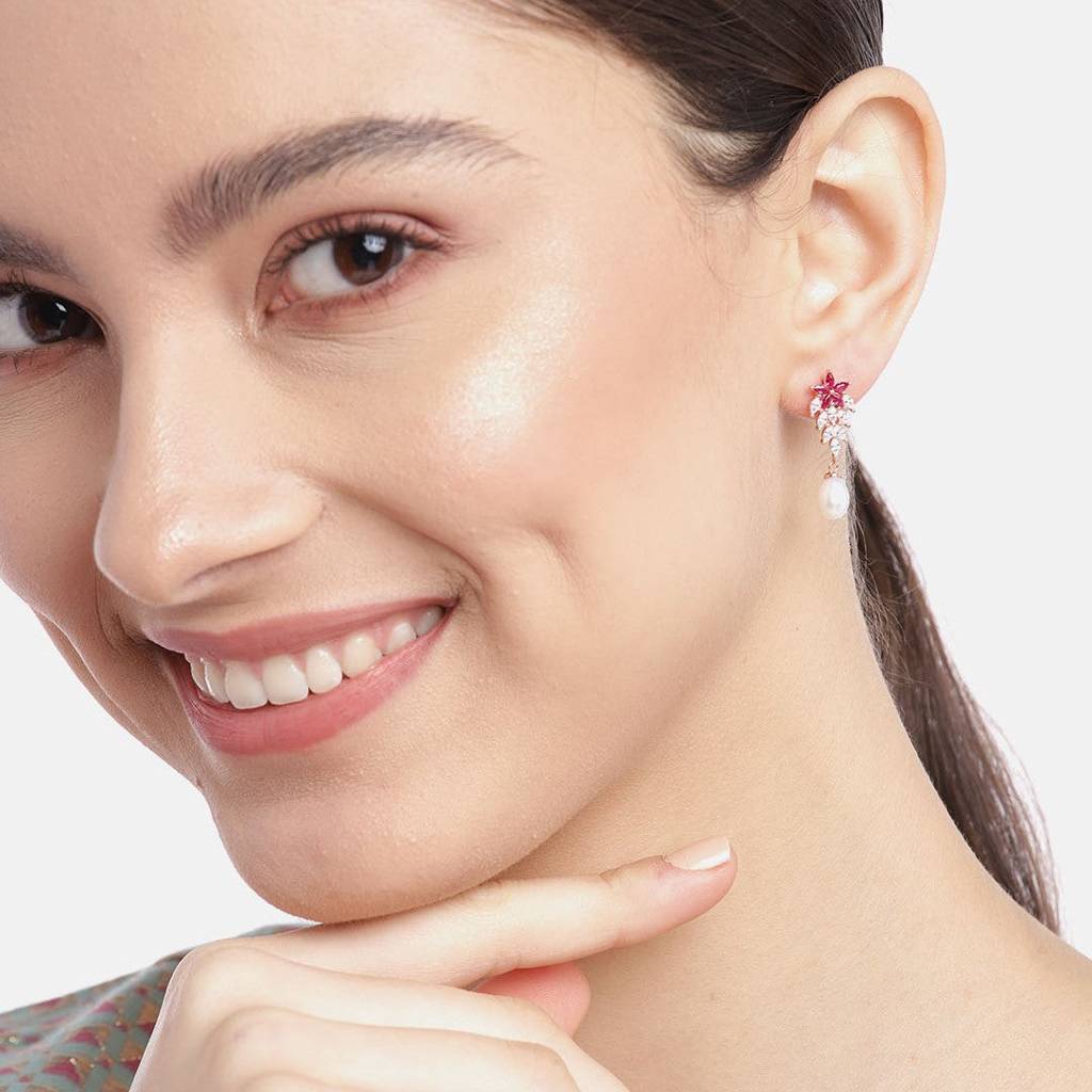 Ruby Pearl Drop 925 Sterling Silver Earrings : EAR-20184