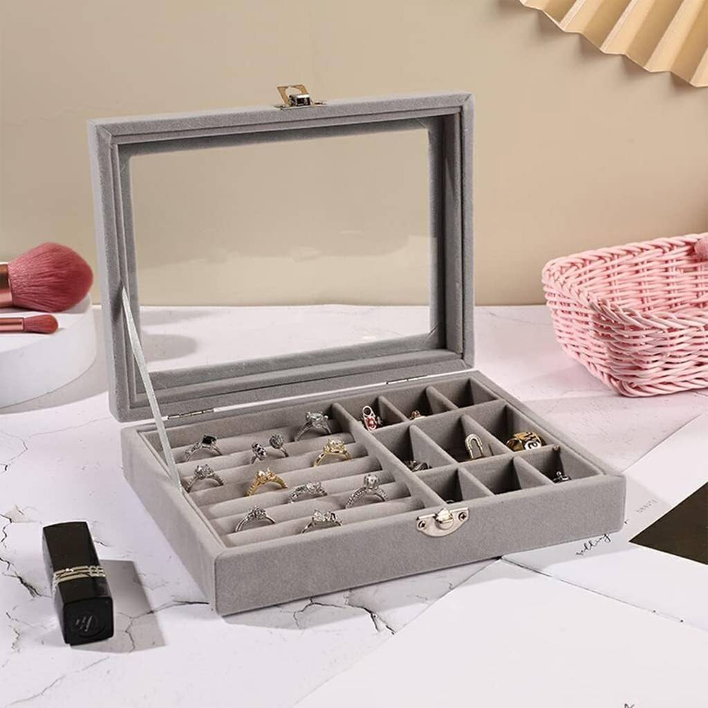 Estele Jewellery Organiser Box Grey Leather Clear Lid Jewelry Organizer With Dividers Container : JOB-005-Grey-JO-BOX