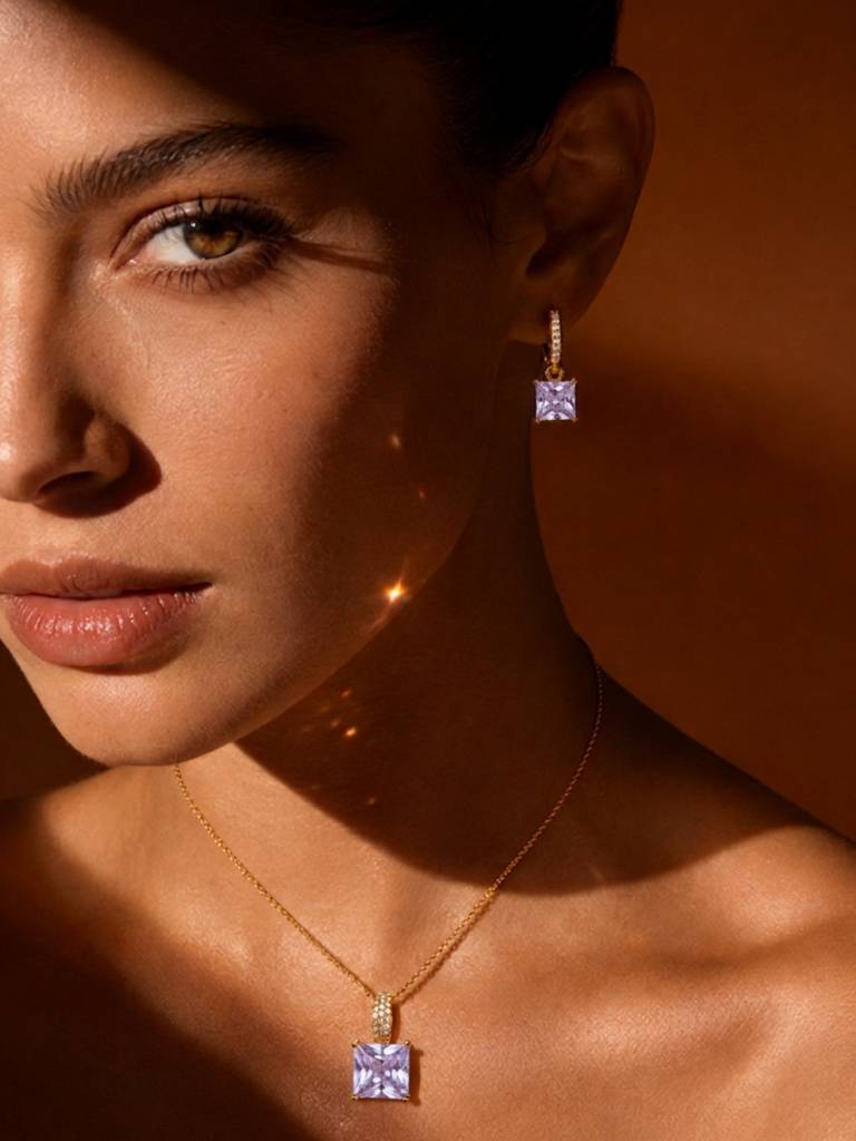 Square-Cut Pendant Necklace & Huggie Earring Set : SET1011PQSD