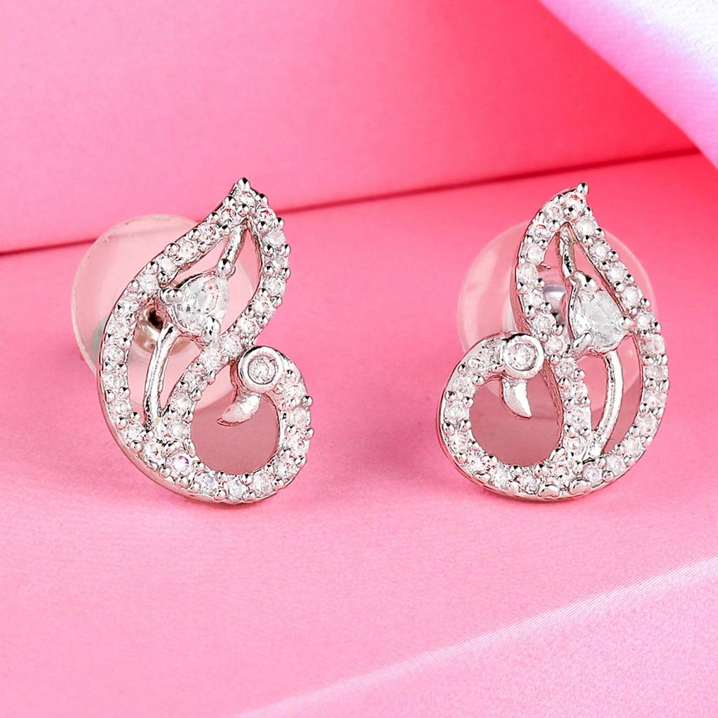 Estele Rhodium Plated Cz Peacock Designer Stud Earrings For Women