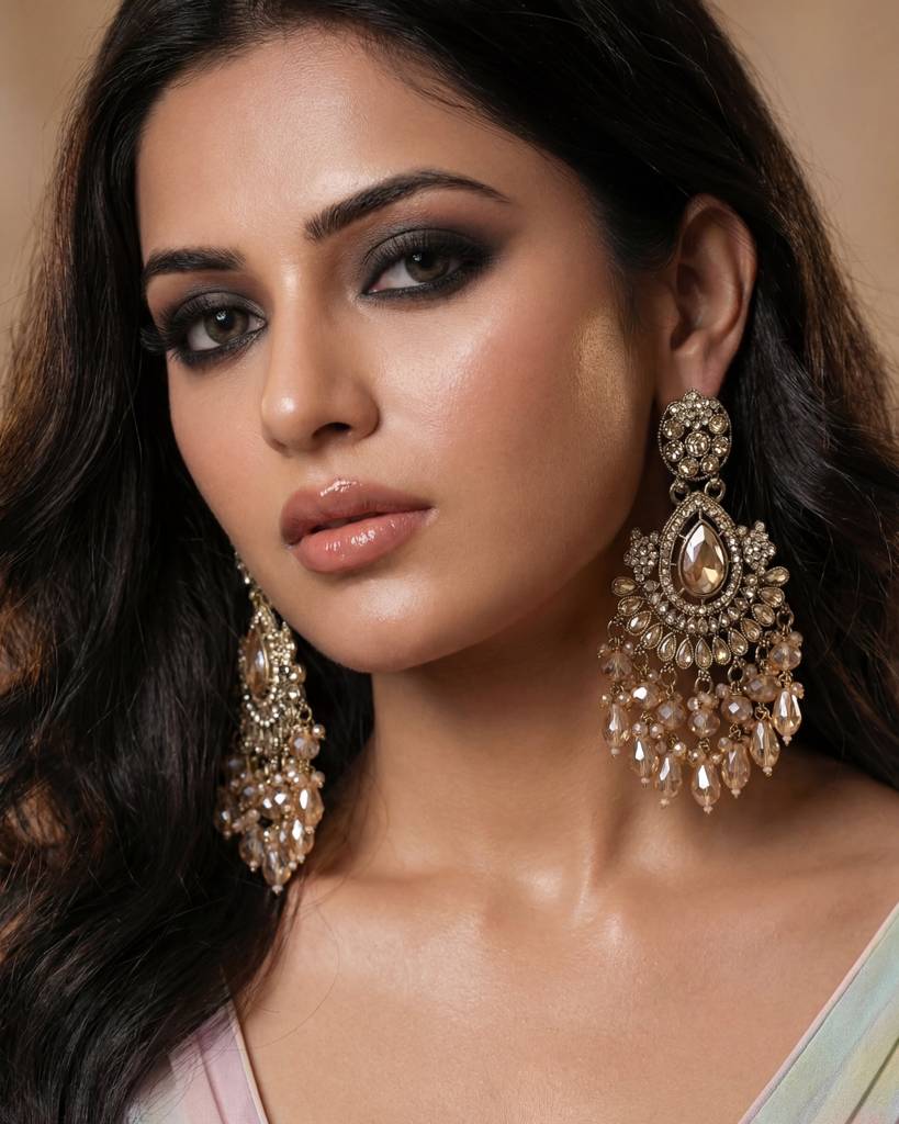 Gold Plated - Antique Gold Champagne Stone Long Earrings For Women : ORP207