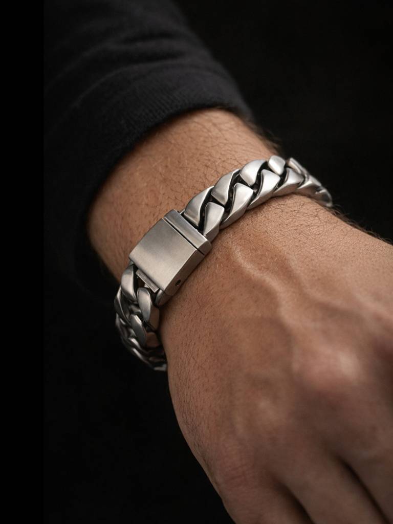 Matte Silver Chunky Cuban Bracelet For Men | Stainless Steel Rhodium : MATB872MSCB
