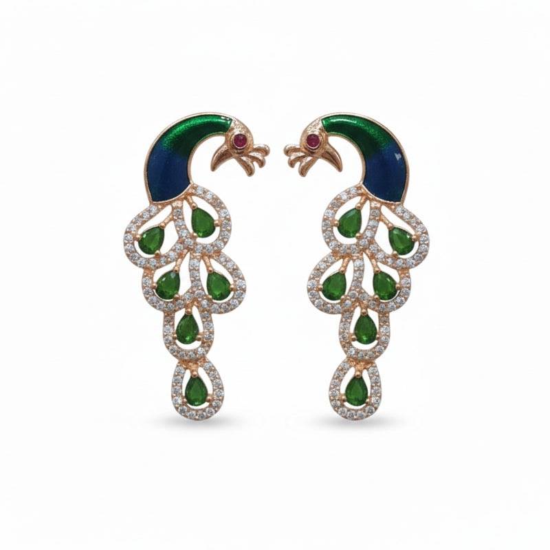 Classic Peacock Elegance Drop Earrings With Stone Embellishment| Occasion Wear : AD-918RGGNEER