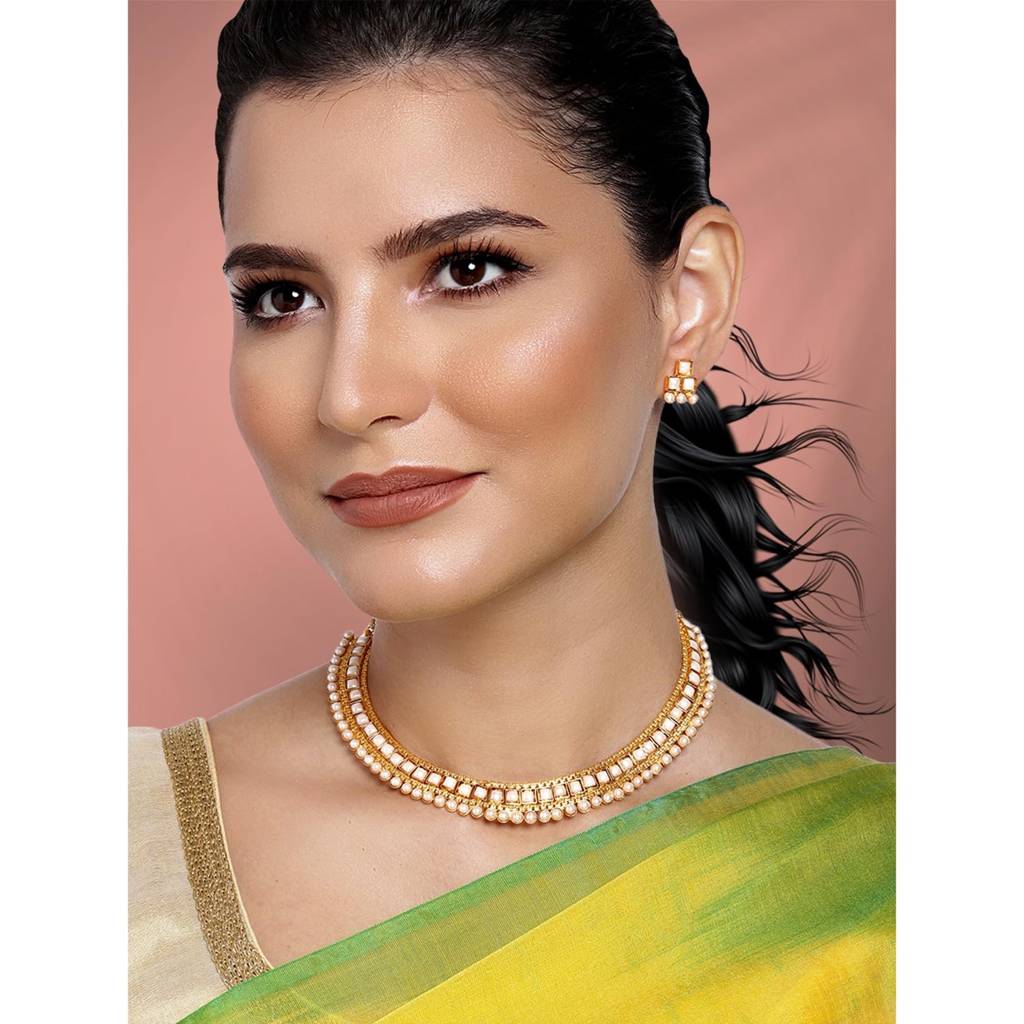 Peora Traditional Gold Plated Choker Necklace & Stud Earrings Jewellery Set For Women Girls : PF04N3391W