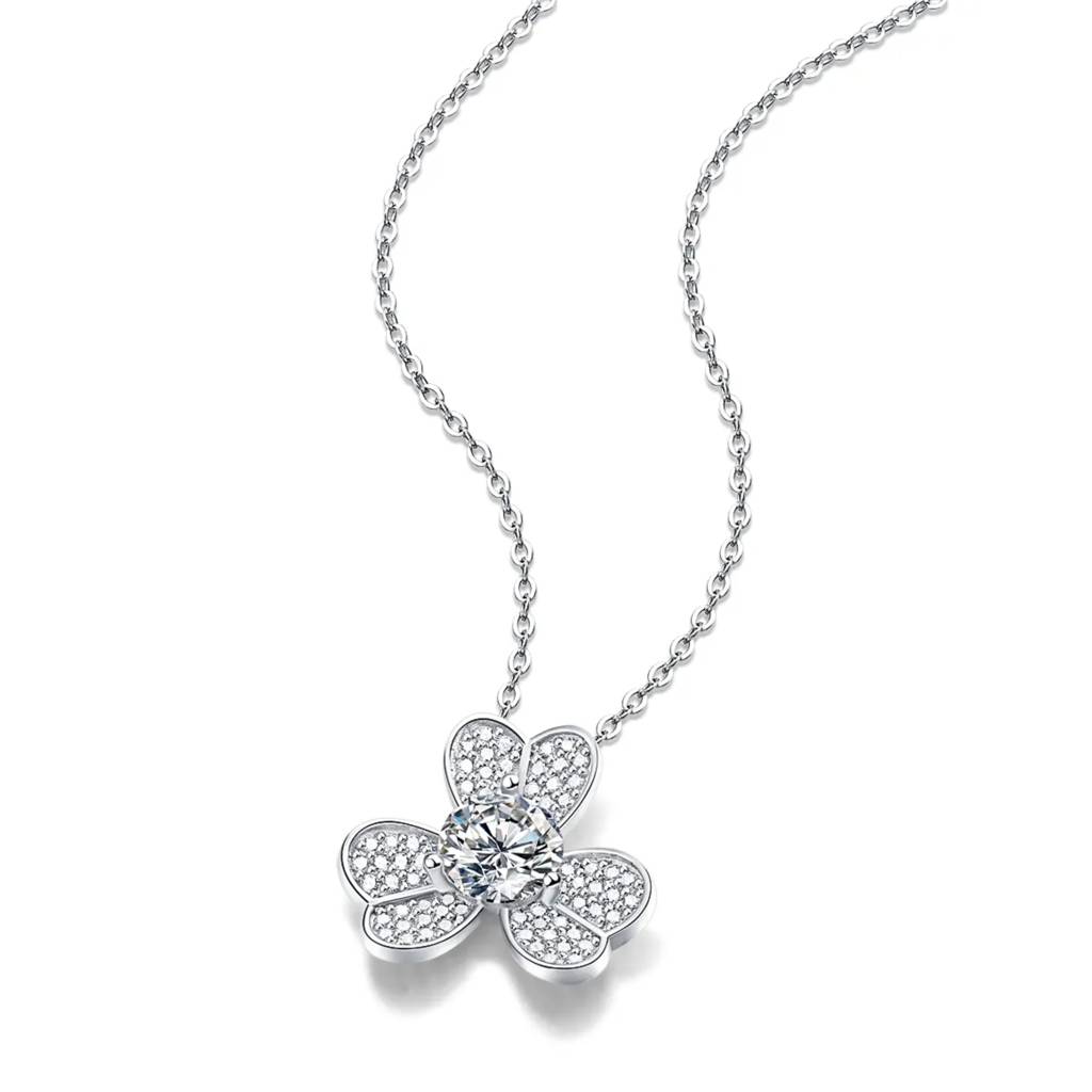 14K White Gold Plated Floral Pendant Moissanite Necklace : CJNK2