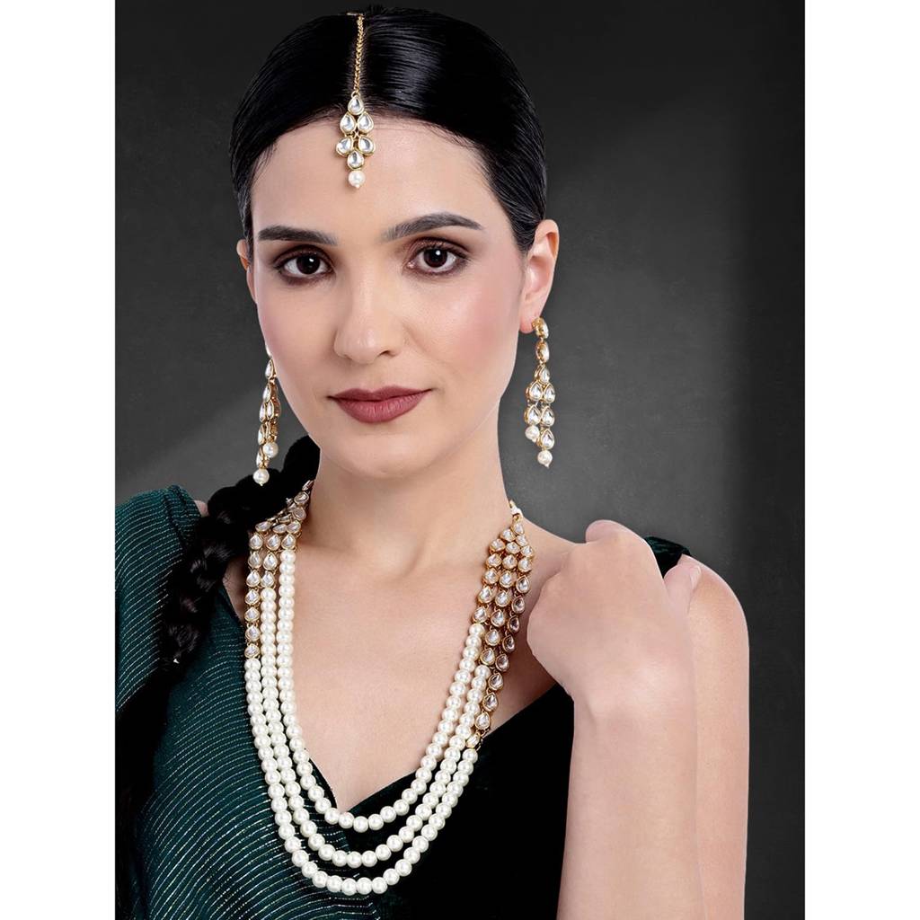 Peora Gold Plated Kundan Pearl Long Necklace Earring Mang Tika Jewellery Set For Women : PF25N093W