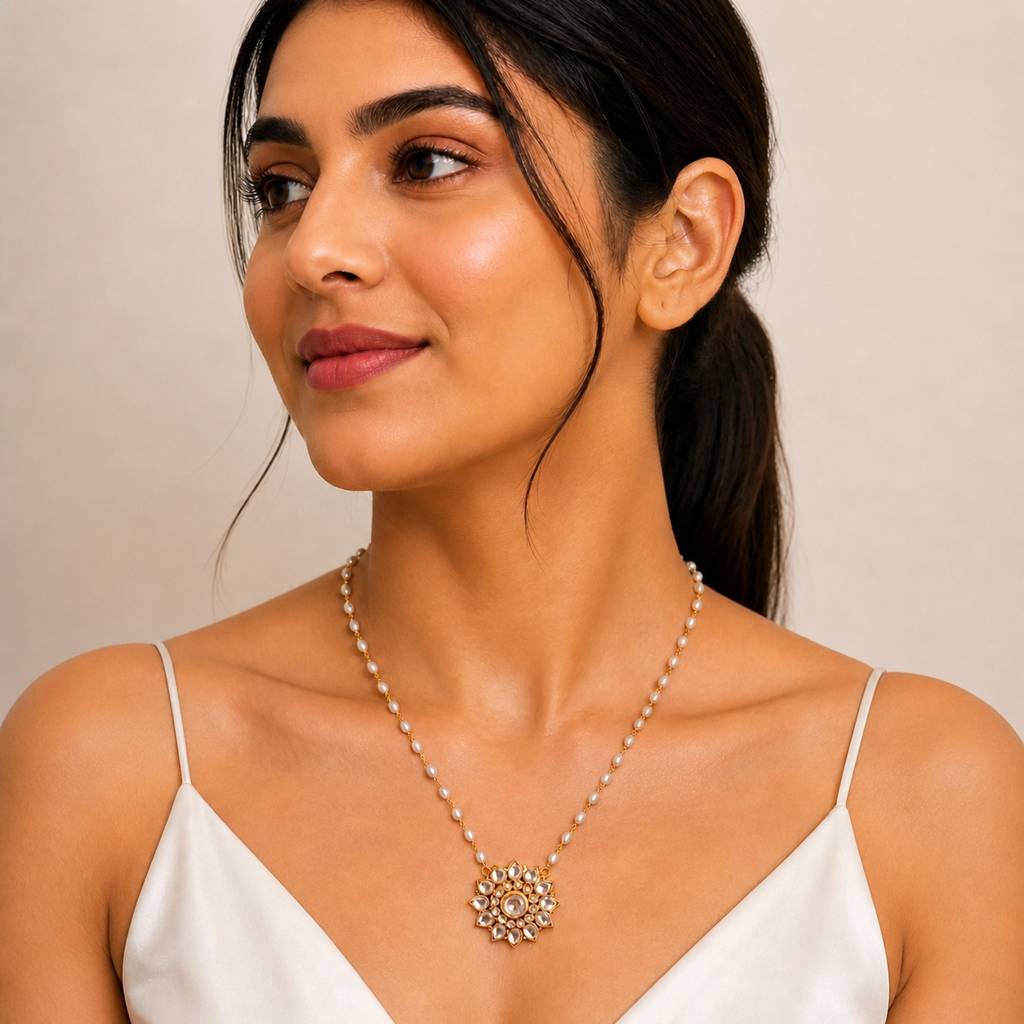 Pearl Beaded Chain Necklace With Kundan Star Flower Pendant : RRAPR26AID-76