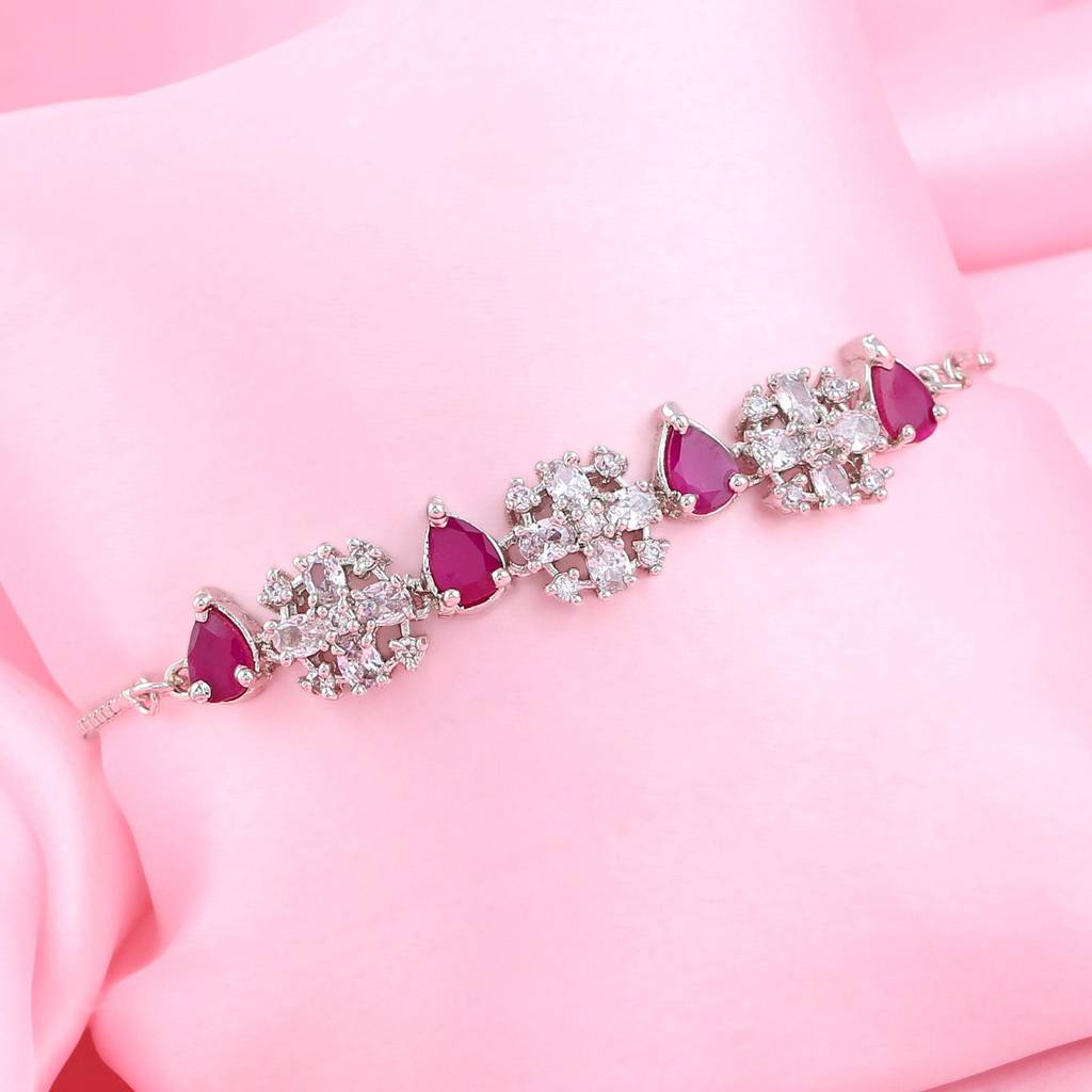 Estele Rhodium Plated Cz Flower Designer Bracelet With Ruby Crystals For Girls & Women