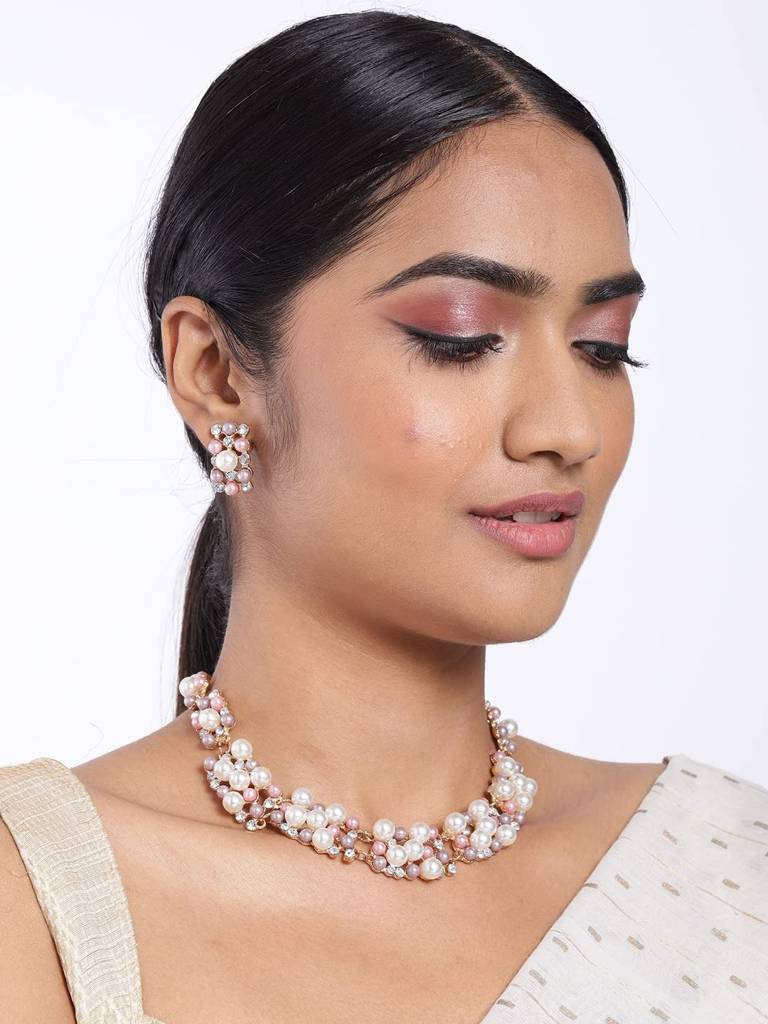 Pearl Collection Rose Gold Toned Cubic Zirconia Studded Choker Necklace Earring Jewellery Set For Women & Girl : PX8N12