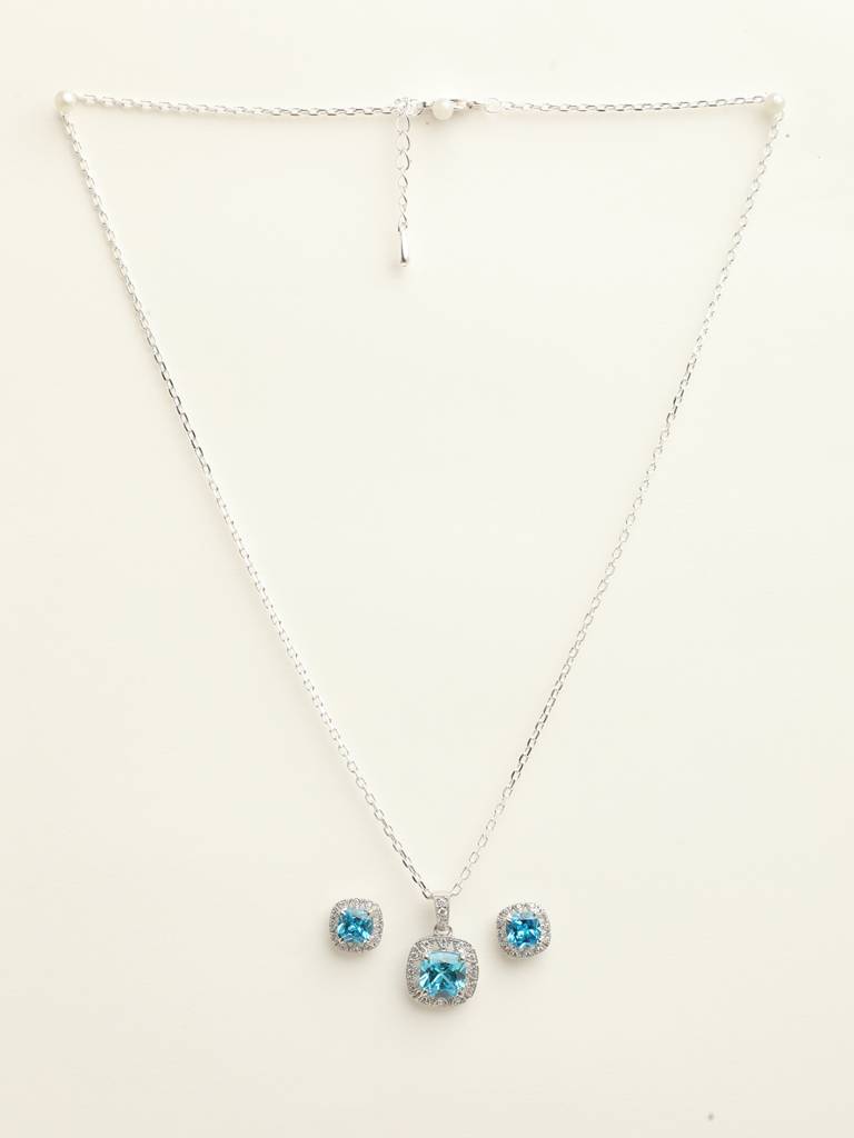 92.5 Sterling Silver Rhodium Plated Swiss Zirconia Sky Blue Cushion Pendant Earring Chain Jewellery Set Gift  : CSCLRP2E2CU_BT