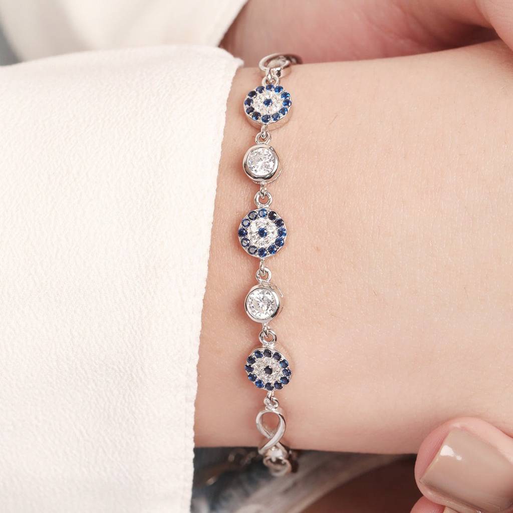 Infinity Charm Evil Eye-Cz Rhodium-Plated 925 Sterling Silver Bracelet : BR-80328-R