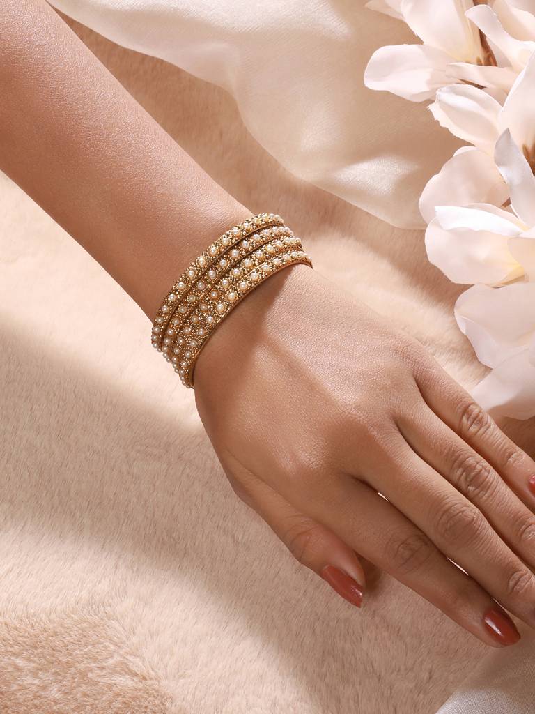 Set Of 2 Gold-Plated Bold Pearl-Studded Bangles-Ba-Js23-60073 : BA-JS23-60073
