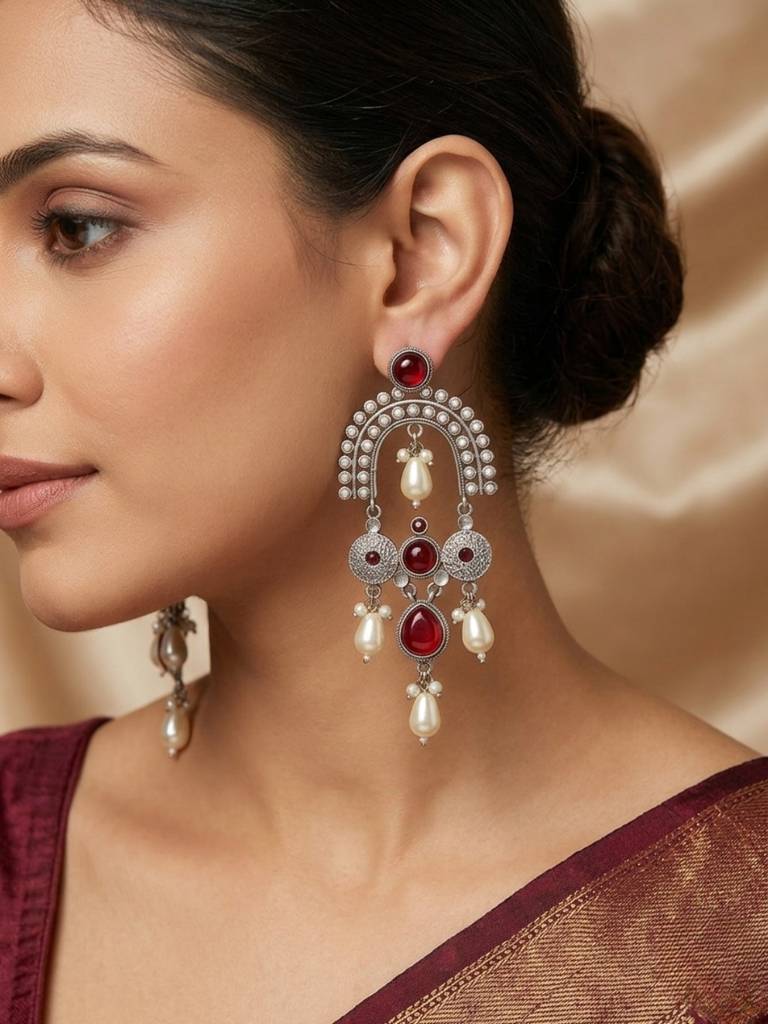 Silver Plated Oxidised Stone & Pearl Embellished Statement Chandbali Earrings : VI26EROX100339