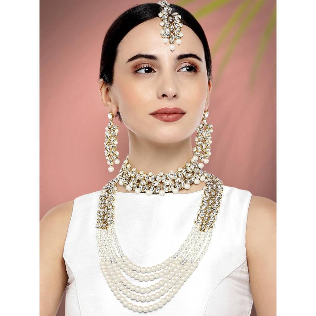 Peora Indian Traditional Gold Plated Kundan Faux Pearl Wedding Bridal Necklace Jewellery Set With Earring Maang T : PF25BR105W