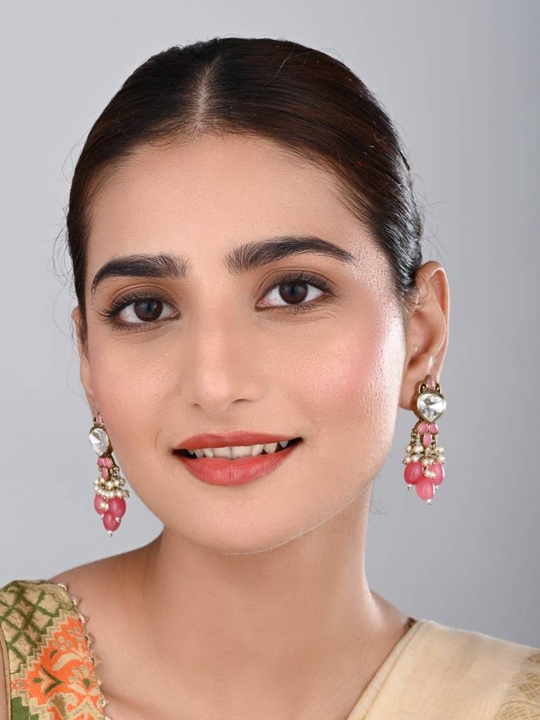 Gold Plated Kundan & Pearl Drop Earrings : S24FAER410PNK