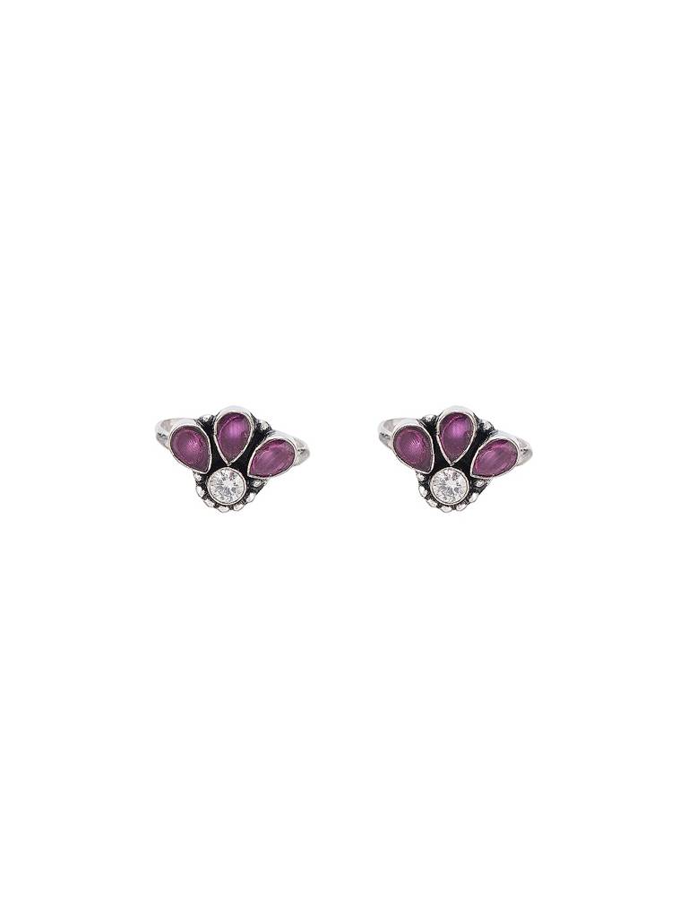 Silver Oxidised Pink Stone Classic Floral Toe Ring : SJTR2879