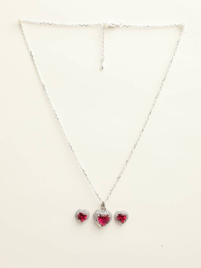 92.5 Sterling Silver Rhodium Plated Swiss Zirconia Blood Red Heart Pendant Earring Chain Jewellery Set Gift F : CSCLRP1E1HT_RU