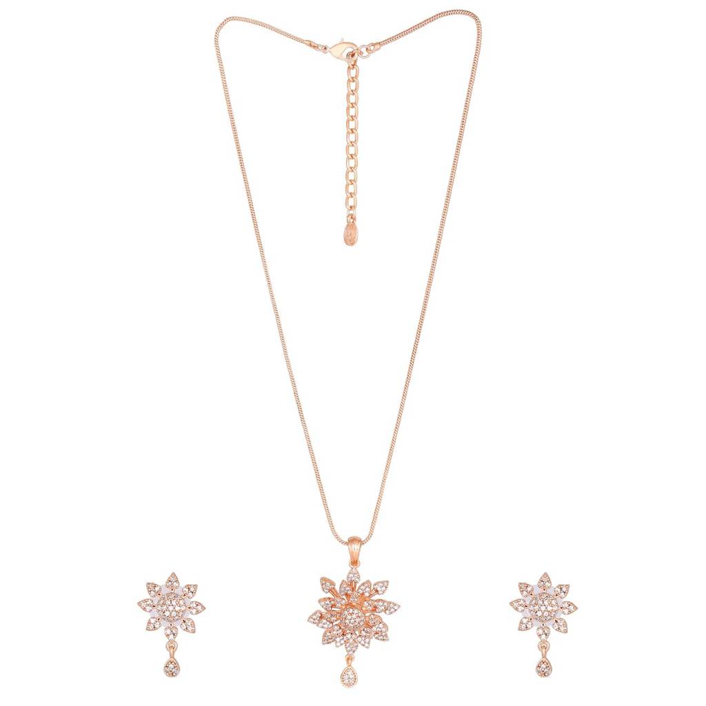 Estele Rose Gold Plated Cz Floral Designer Pendant Set With White Stones For Girls And Women