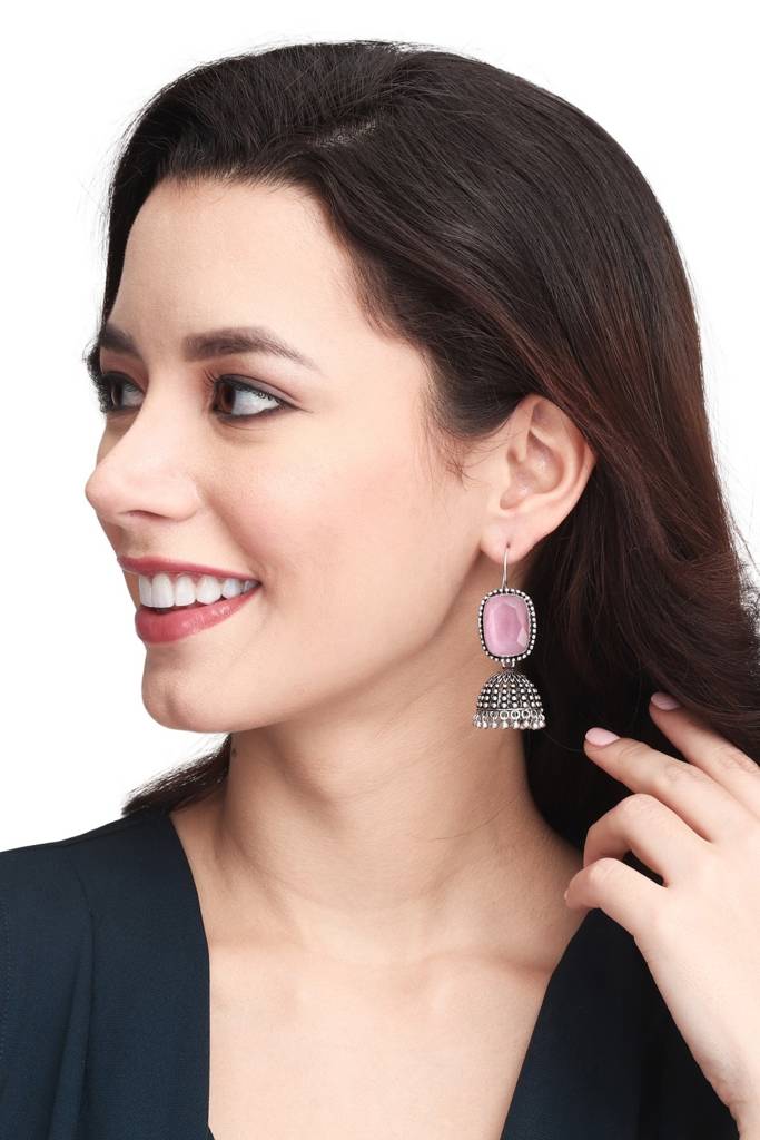 Oxidised Silver Cabochon Jhumka Drops : F23MHER014PNK