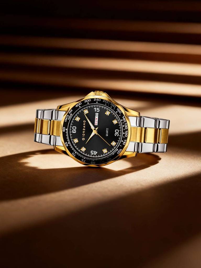 Giordano Two-Tone Analog Watch For Men - Crystal Hour Markers, Textured Bezel Design, Day & Date Display, Stainl : GZ-50177-11