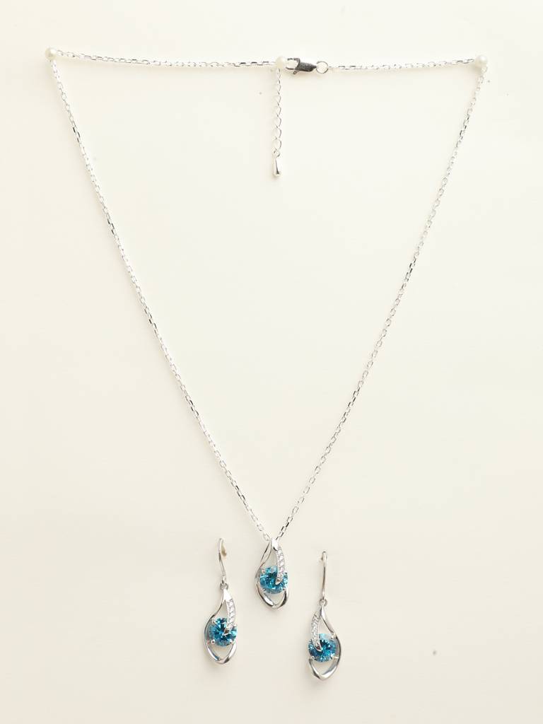 92.5 Sterling Silver Rhodium Plated Swiss Zirconia Sky Blue Eye Pendant Earring Chain Jewellery Set Gift For  : CSCLRP3E3RD_BT