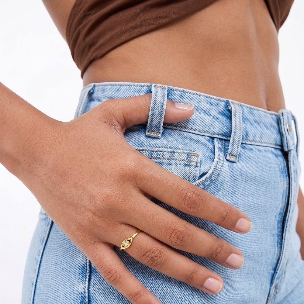 Gold-Plated Evil Eye Crystal Minimal Ring : 1010971