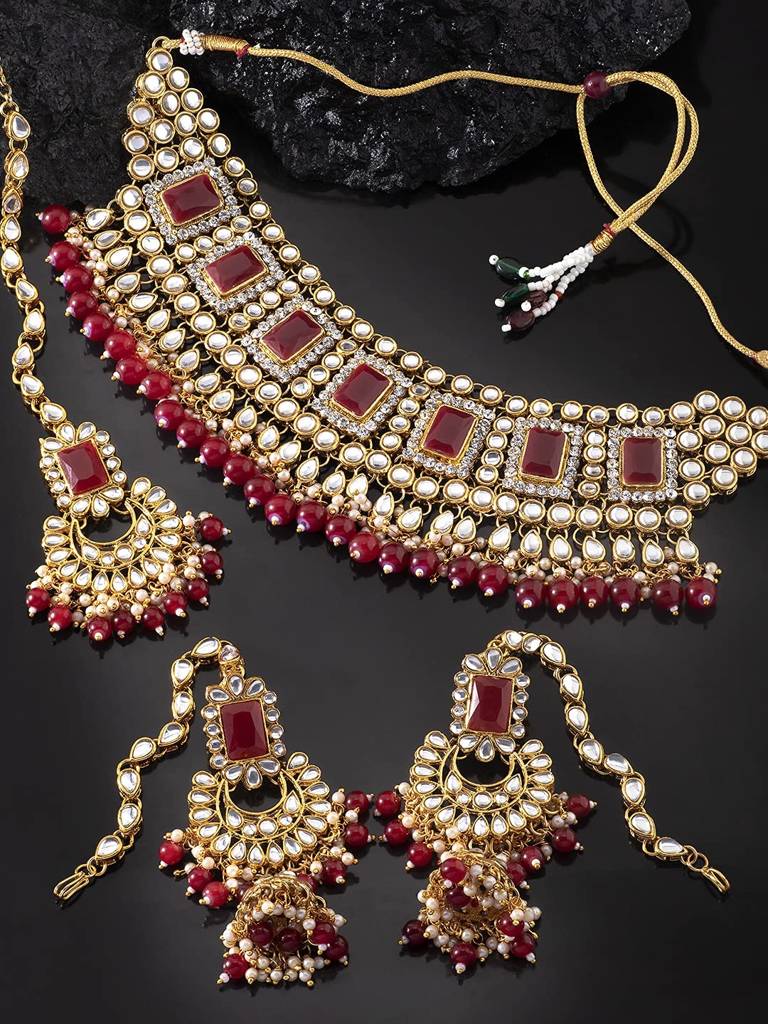 Peora Rani Padmavati Dulhan Bridal Kundan Pearl Choker Necklace With Earrings Maang Tikka For Women Girls Indian  : PF26N1383M