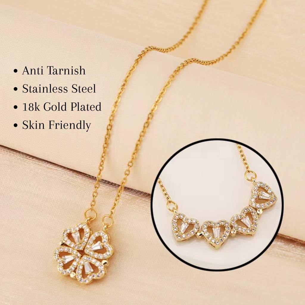 Magnetic Heart Flower Pendant Necklace : NC_SS_4hrt_gld