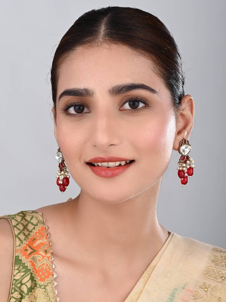 Gold Plated Kundan & Pearl Drop Earrings : S24FAER410RED