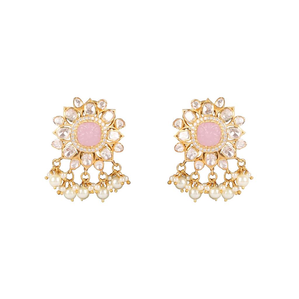 Moissanite Polki Rose Quartz Necklace Set : PJ74