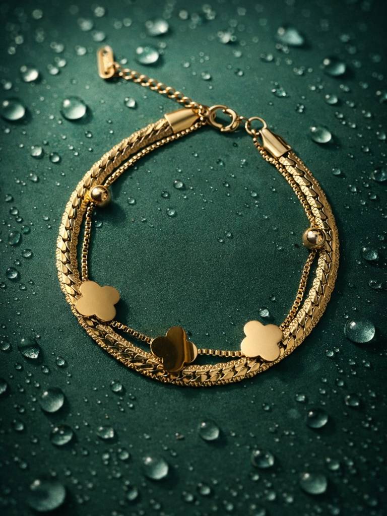 Clover Double Layer Cuban Chain Bracelet – 18K Gold Plated : ATCB750CDCCB